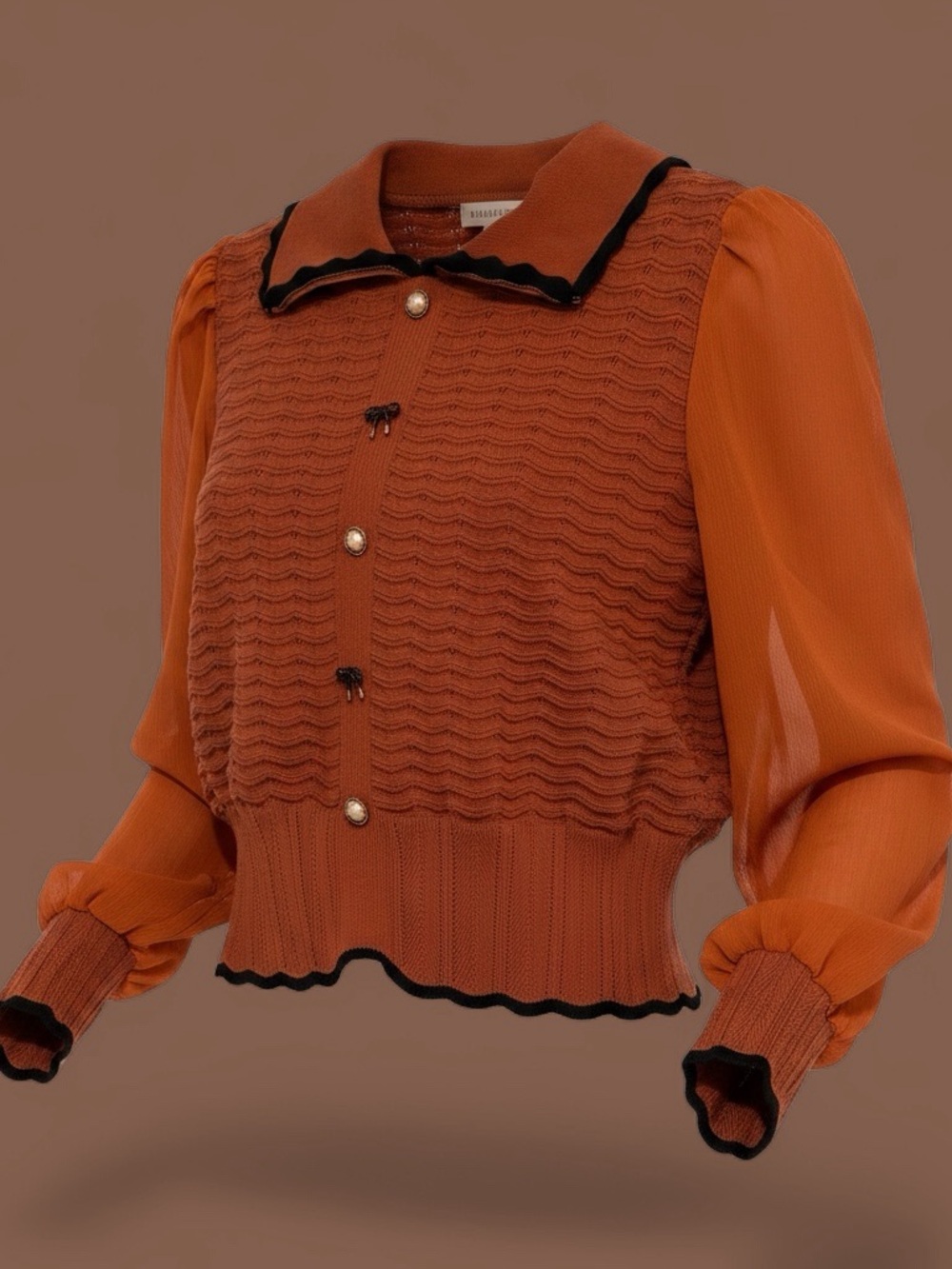 Rest Orange Unique Knit Blouse with Black Trim